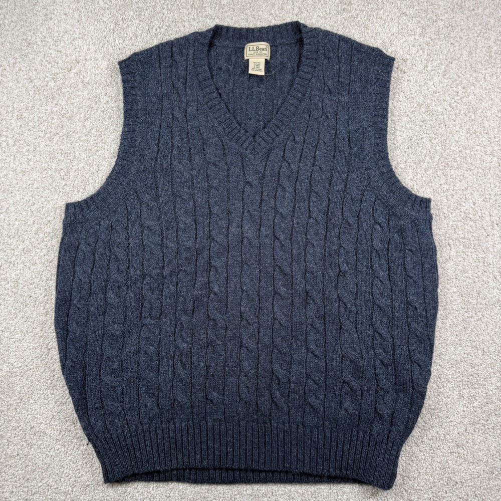 LL Bean Sweater Vest Mens Large Blue 100% Shetland Wool Cable Knit V-Neck